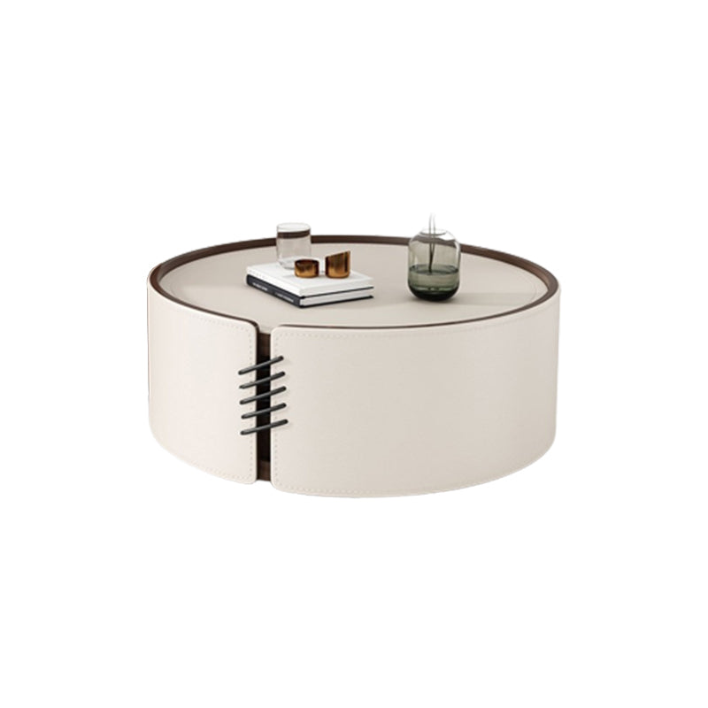 Contemporary Round Coffee Table Leather and Stone Coffee or End Table Drum 31.5"L x 31.5"W x 12"H Stone Drawers Not Included Clearhalo 'Coffee & Accent Tables' 'Coffee Tables' 'coffee_tables' 'furn' 'furn_coffee_tables' 'Furniture' 'Living Room Furniture' 6655756