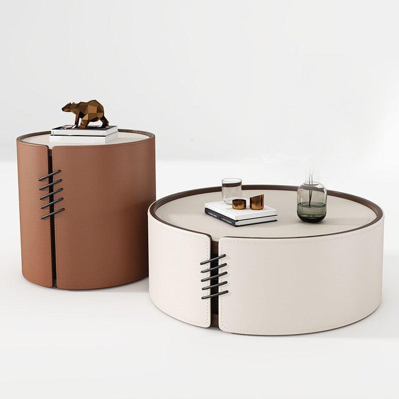 Contemporary Round Coffee Table Leather and Stone Coffee or End Table Drum Clearhalo 'Coffee & Accent Tables' 'Coffee Tables' 'coffee_tables' 'furn' 'furn_coffee_tables' 'Furniture' 'Living Room Furniture' 6655758