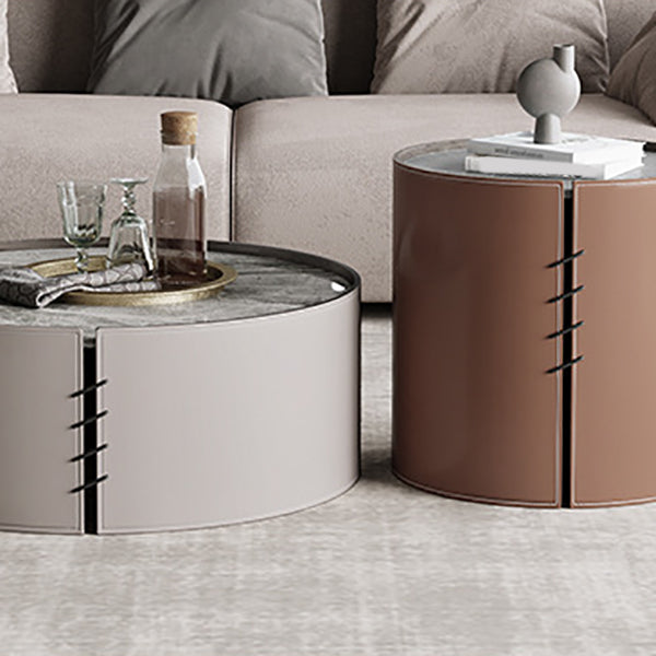Contemporary Round Coffee Table Leather and Stone Coffee or End Table Drum Clearhalo 'Coffee & Accent Tables' 'Coffee Tables' 'coffee_tables' 'furn' 'furn_coffee_tables' 'Furniture' 'Living Room Furniture' 6655760