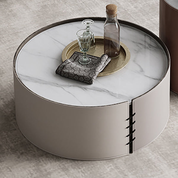 Contemporary Round Coffee Table Leather and Stone Coffee or End Table Drum Clearhalo 'Coffee & Accent Tables' 'Coffee Tables' 'coffee_tables' 'furn' 'furn_coffee_tables' 'Furniture' 'Living Room Furniture' 6655764