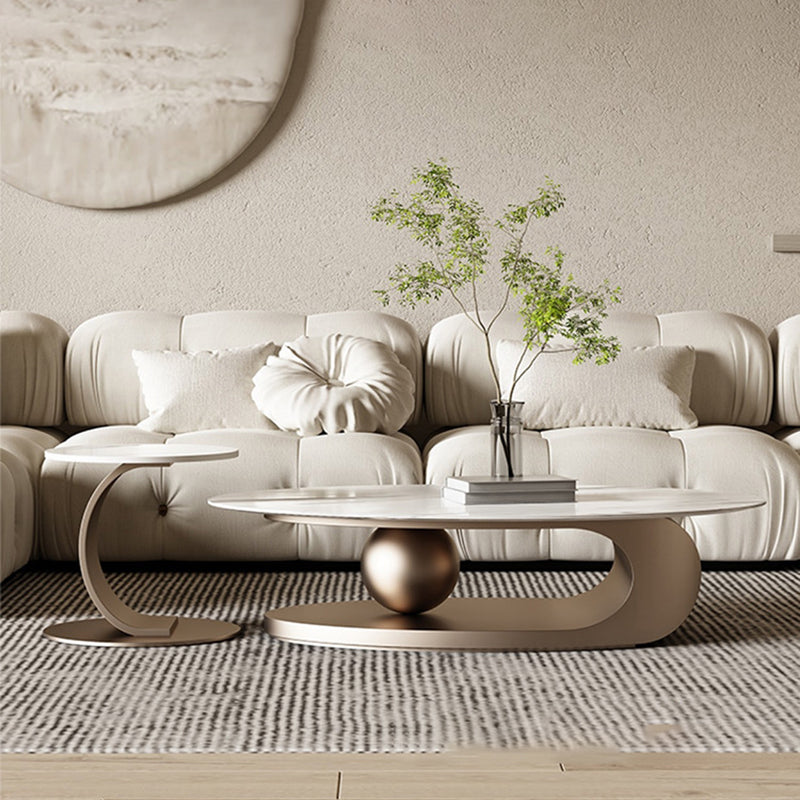 Glam Slate Pedestal Coffee Table Oval White Coffee Table Set Clearhalo 'Coffee & Accent Tables' 'Coffee Tables' 'coffee_tables' 'furn' 'furn_coffee_tables' 'Furniture' 'Living Room Furniture' 6655794