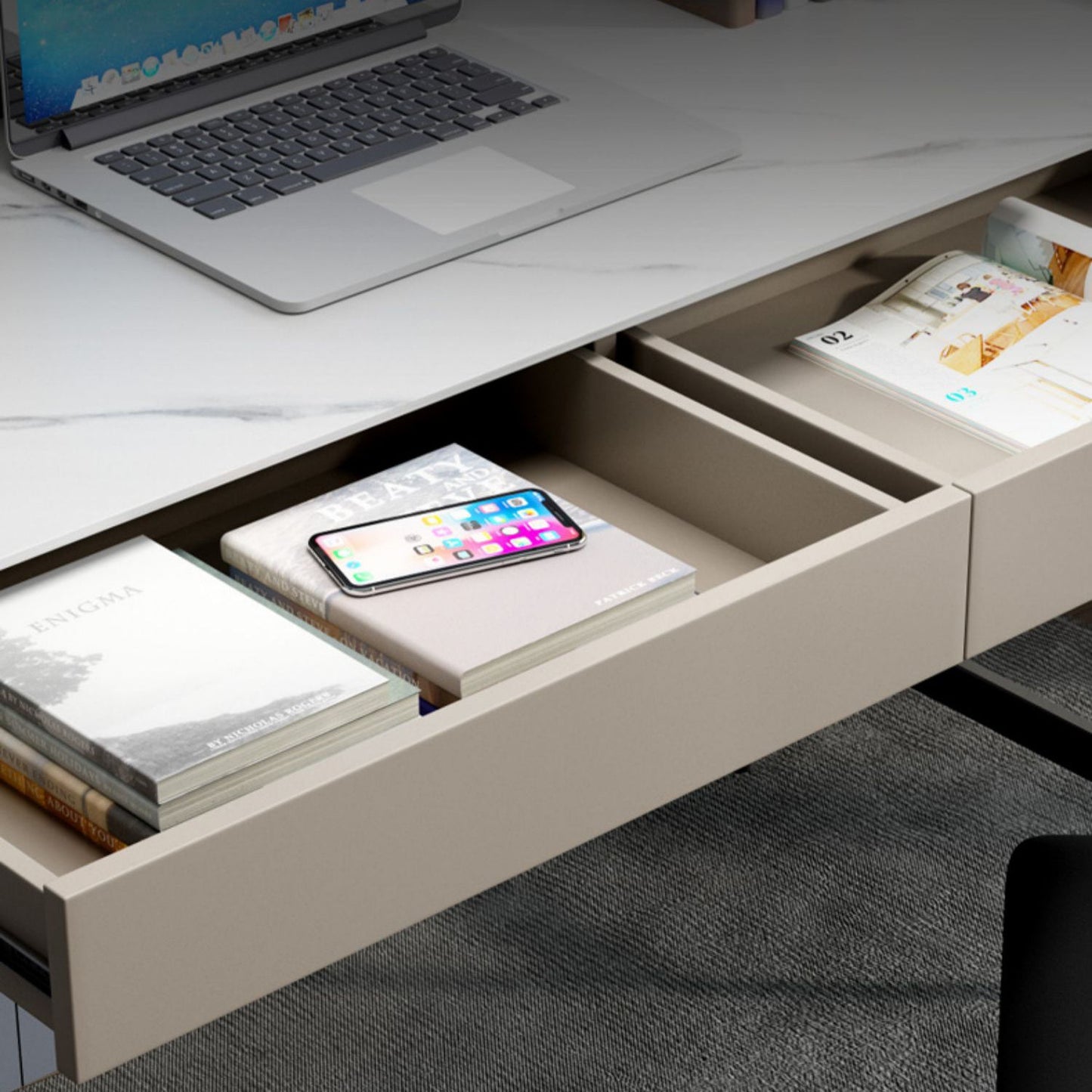 2 laden Office Desk Stone rechthoekig schrijfbureau met ijzeren benen