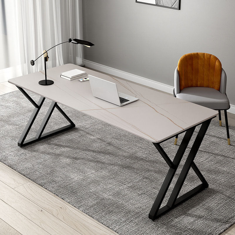 Contemporary Gaming Desk Antique Finish Writing Desk with Metal Legs 63"L x 31.5"W x 29.5"H Clearhalo 'furn' 'furn_office_desk' 'Furniture' 'Office Desks' 'Office Furniture' 'office_desk' 6669887