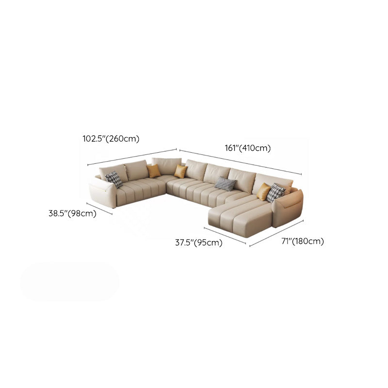 Contemporary Square Arm Loose Back Sofa and Chaise Beige Faux Leather U Sofa