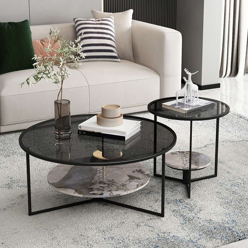 Contemporary Coffee Table Round Glass Top Cocktail Table with Storage Clearhalo 'Coffee & Accent Tables' 'Coffee Tables' 'coffee_tables' 'furn' 'furn_coffee_tables' 'Furniture' 'Living Room Furniture' 6671138