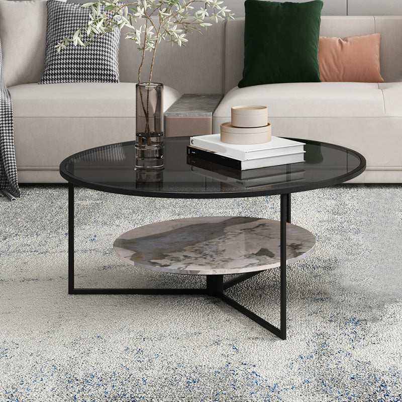Contemporary Coffee Table Round Glass Top Cocktail Table with Storage 36"L x 36"W x 16"H Clearhalo 'Coffee & Accent Tables' 'Coffee Tables' 'coffee_tables' 'furn' 'furn_coffee_tables' 'Furniture' 'Living Room Furniture' 6671140