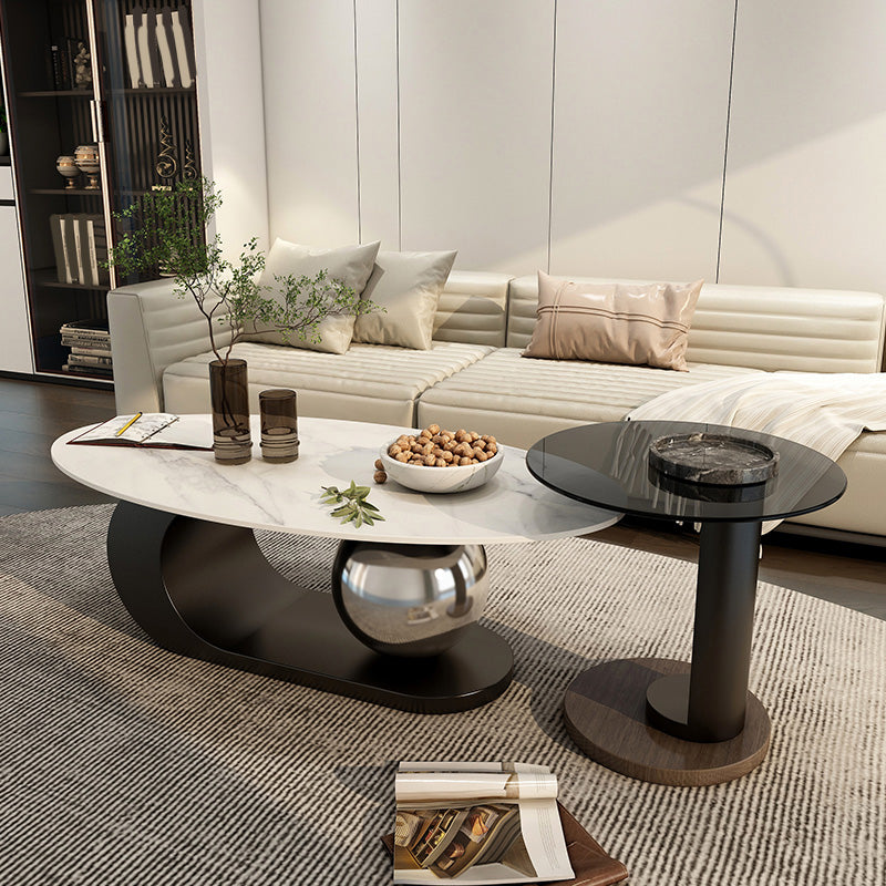 14"H Glam Coffee Table Slate Oval Pedestal Coffee Cocktail Table