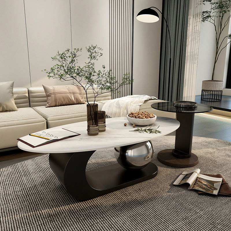 14"H Glam Coffee Table Slate Oval Pedestal Coffee Cocktail Table