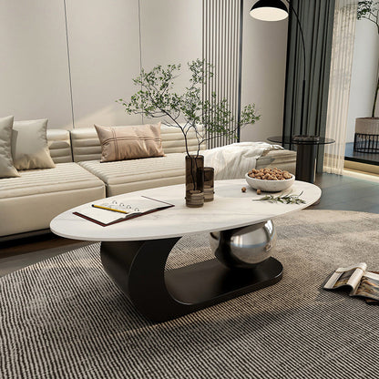 14"H Glam Coffee Table Slate Oval Pedestal Coffee Cocktail Table
