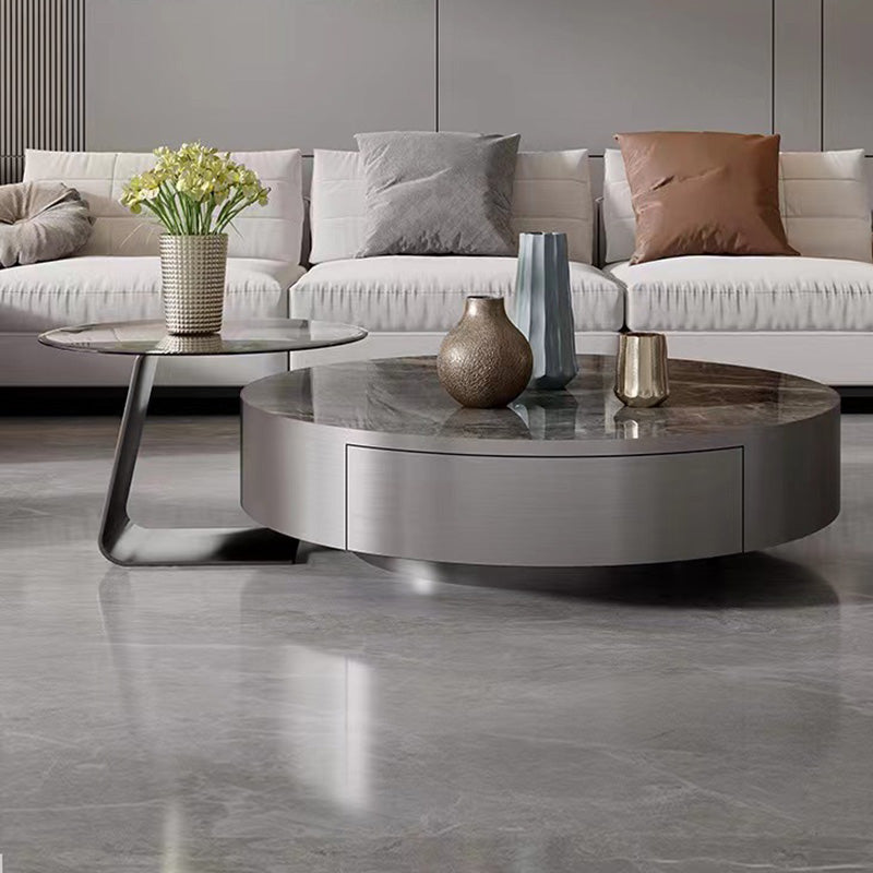 Modern Gray Cocktail Table Round Glass /  Slate Coffee Table