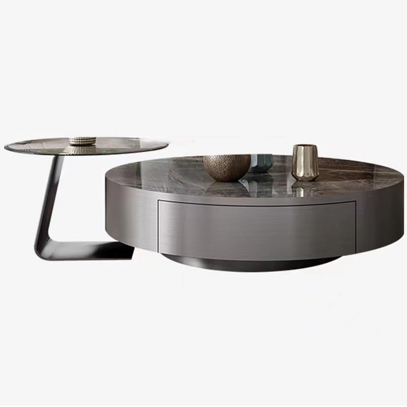 Modern Gray Cocktail Table Round Glass /  Slate Coffee Table