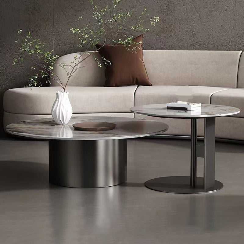 Modern Round Slate Cocktail Table Stainless Steel Pedestal Coffee Table Black Clearhalo 'Coffee & Accent Tables' 'Coffee Tables' 'coffee_tables' 'furn' 'furn_coffee_tables' 'Furniture' 'Living Room Furniture' 6671449