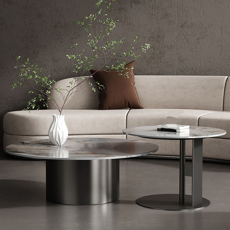 Modern Round Slate Cocktail Table Stainless Steel Pedestal Coffee Table Clearhalo 'Coffee & Accent Tables' 'Coffee Tables' 'coffee_tables' 'furn' 'furn_coffee_tables' 'Furniture' 'Living Room Furniture' 6671450