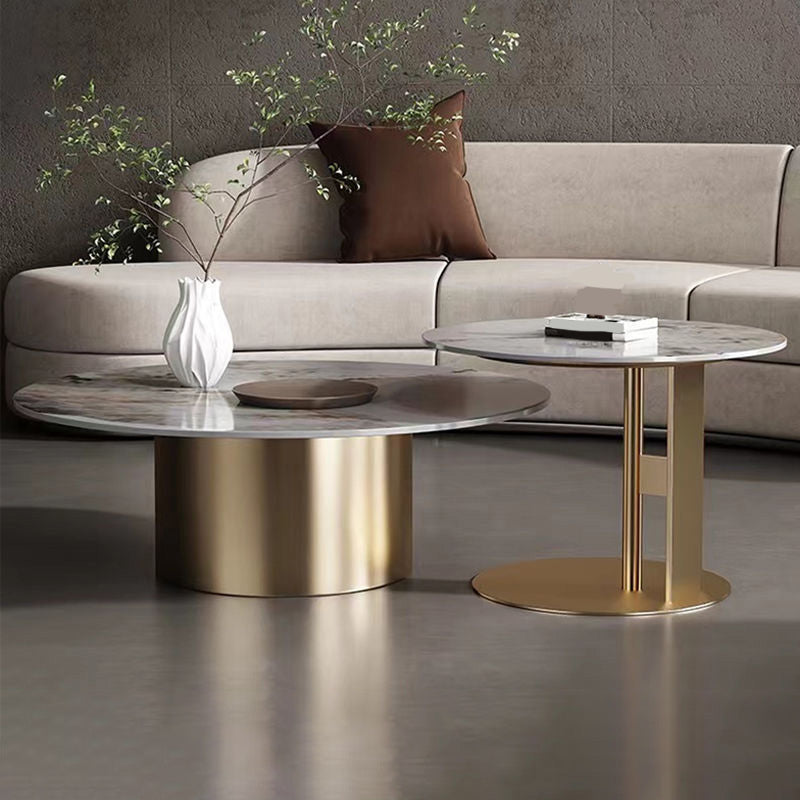 Modern Round Slate Cocktail Table Stainless Steel Pedestal Coffee Table Gold Clearhalo 'Coffee & Accent Tables' 'Coffee Tables' 'coffee_tables' 'furn' 'furn_coffee_tables' 'Furniture' 'Living Room Furniture' 6671454