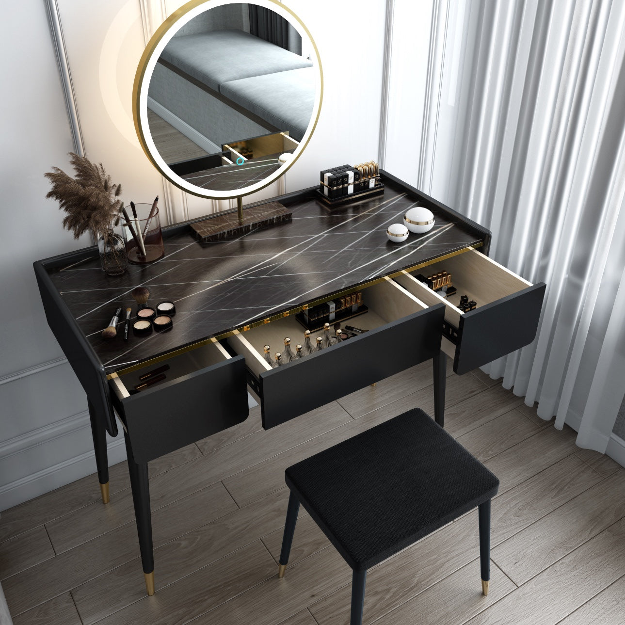 Glam houten framekrandtafel leisteen top ijdelheid met laden