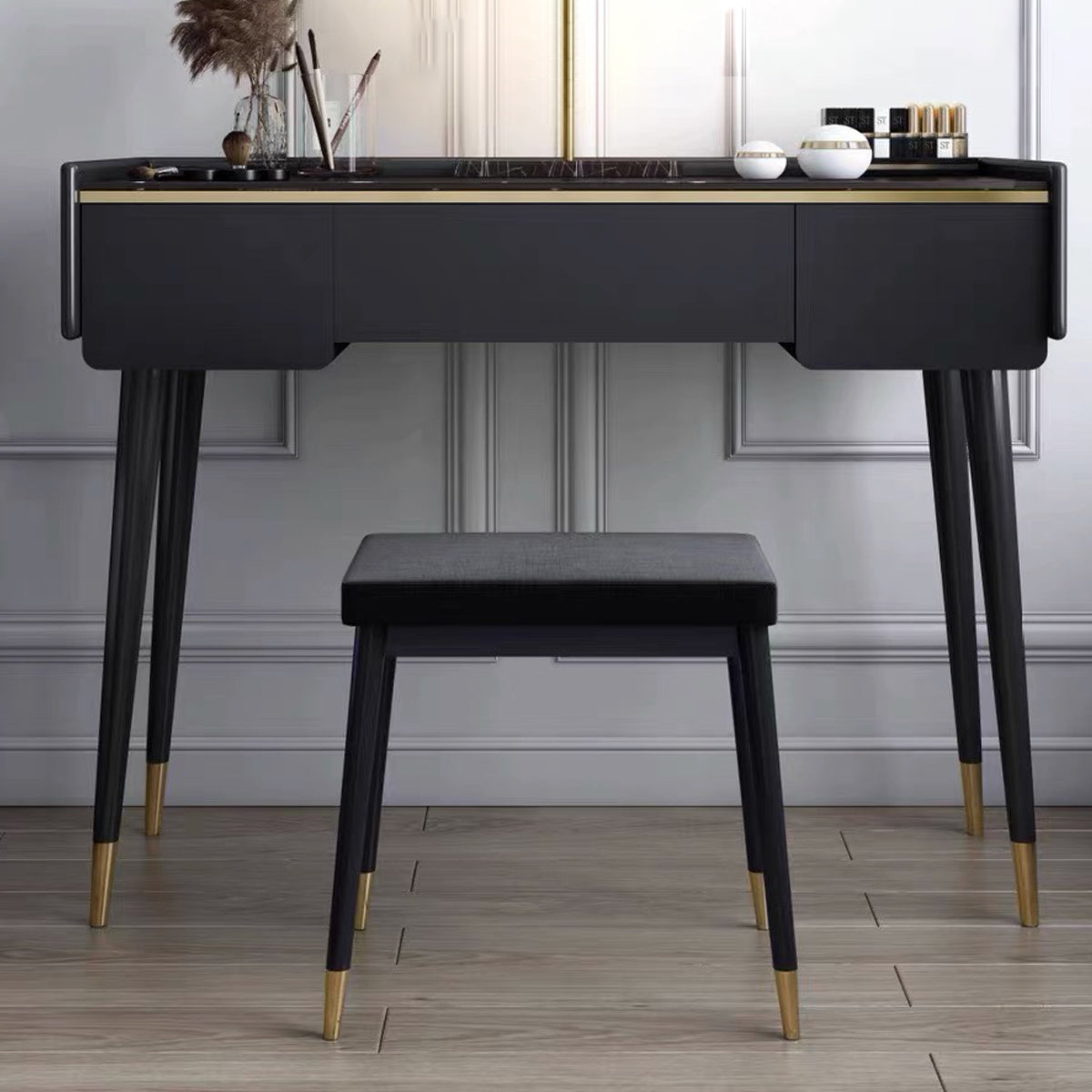 Glam houten framekrandtafel leisteen top ijdelheid met laden