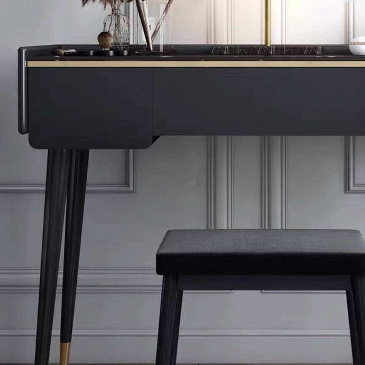 Glam houten framekrandtafel leisteen top ijdelheid met laden