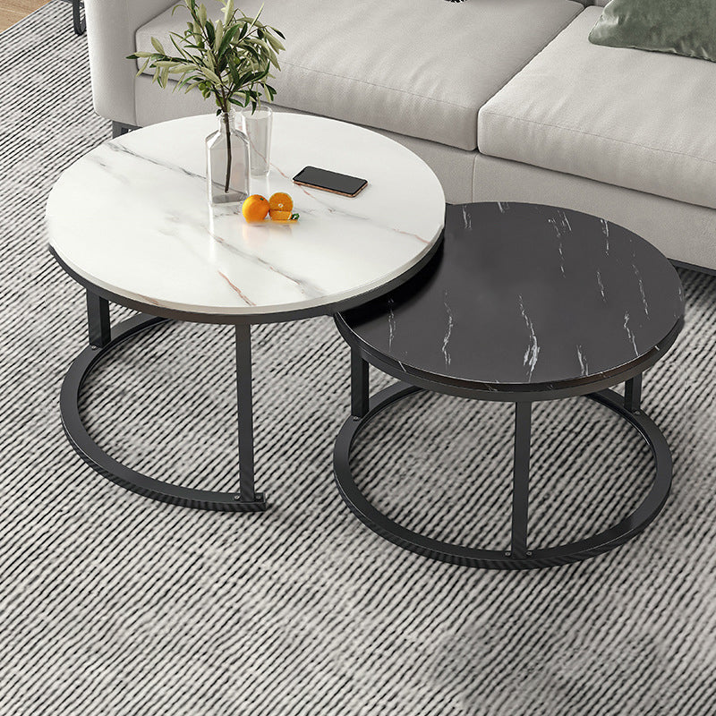 Round Coffee Or End Table Glam Drum Coffee Table in Black and White 31.5"L x 31.5"W x 18"H + 24"L x 24"W x 15"H Black White Black Clearhalo 'Coffee & Accent Tables' 'Coffee Tables' 'coffee_tables' 'furn' 'furn_coffee_tables' 'Furniture' 'Living Room Furniture' 6673041
