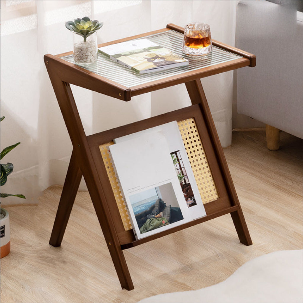 Modernistic Glass Top 4 Legs Rectangular Living Room Accent Side Table