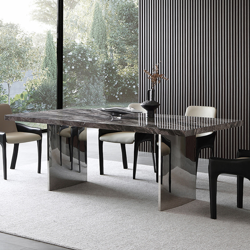 Glanzende grijze stenen eettafel Set 1/4/5/7 stukken Dinerset met gewatteerde stoelen