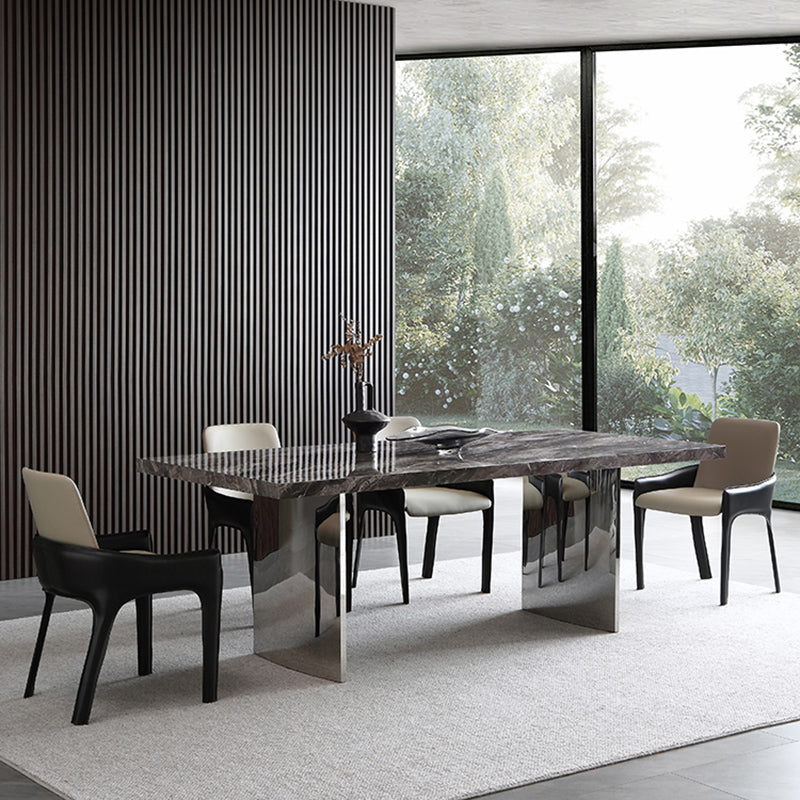 Glanzende grijze stenen eettafel Set 1/4/5/7 stukken Dinerset met gewatteerde stoelen