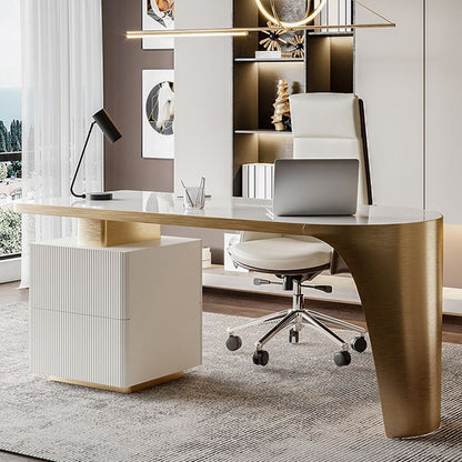 Stone Peninsula Office Desk 2 Drawers 27.56" Tall Writing Desk 55.1"L x 27.6"W x 29.5"H Gold Clearhalo 'furn' 'furn_office_desk' 'Furniture' 'Office Desks' 'Office Furniture' 'office_desk' 6684113
