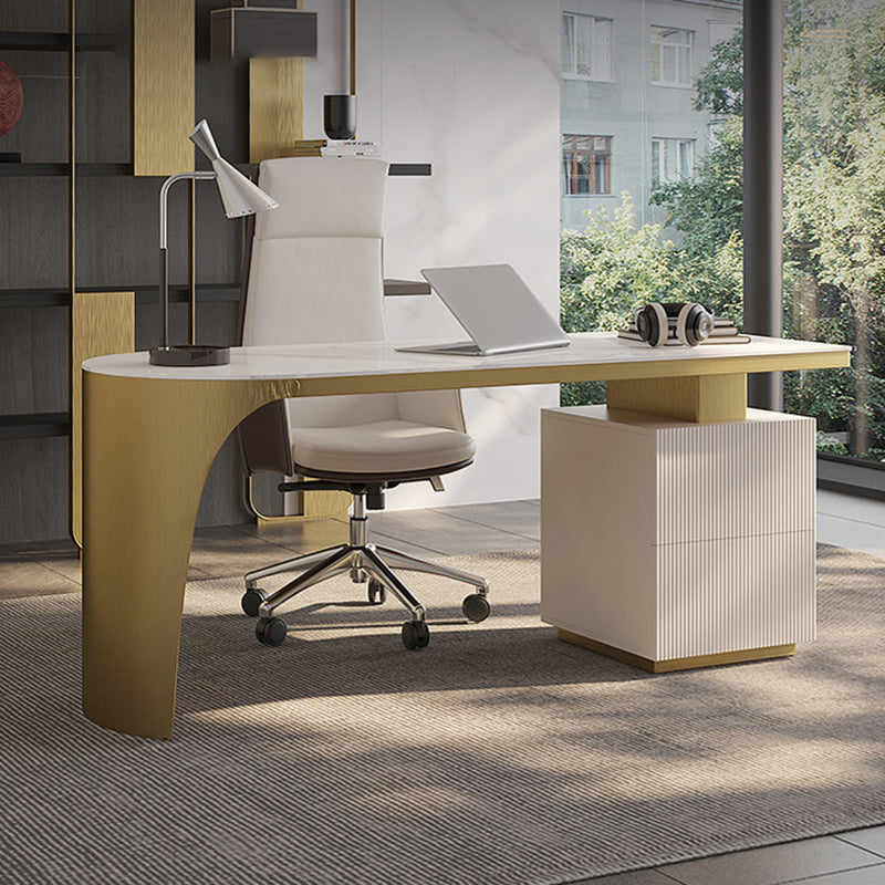 Stone Peninsula Office Desk 2 Drawers 27.56" Tall Writing Desk Clearhalo 'furn' 'furn_office_desk' 'Furniture' 'Office Desks' 'Office Furniture' 'office_desk' 6684125