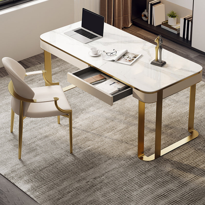 Modern Stone Curved Office Desk 29.53" Tall 2 Drawers Writing Desk 63"L x 23.6"W x 29.5"H White-Gold Clearhalo 'furn' 'furn_office_desk' 'Furniture' 'Office Desks' 'Office Furniture' 'office_desk' 6684219