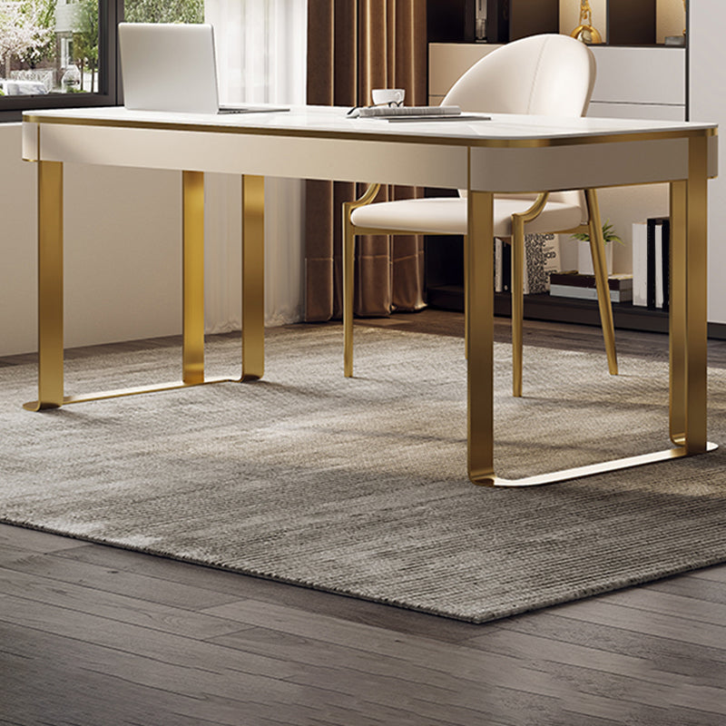 Modern Stone Curved Office Desk 29.53" Tall 2 Drawers Writing Desk 55.1"L x 23.6"W x 29.5"H White-Gold Clearhalo 'furn' 'furn_office_desk' 'Furniture' 'Office Desks' 'Office Furniture' 'office_desk' 6684221