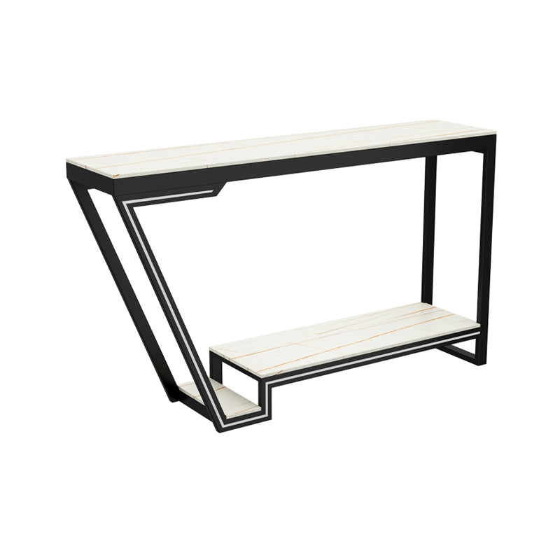 Glam Sintered Stone Bistro Bar Table Rectangle Metal Base Bar Table 63"L x 15.7"W x 41.3"H Black-White Without Chairs Clearhalo 'Bar Furniture' 'Bar Tables' 'bar_tables' 'furn' 'furn_bar_tables' 'Furniture' 'Kitchen & Dining Furniture' 6689791