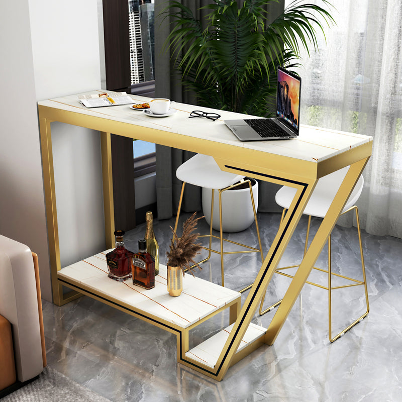 Glam Sintered Stone Bistro Bar Table Rectangle Metal Base Bar Table 55.1"L x 15.7"W x 41.3"H Gold-White Without Chairs Clearhalo 'Bar Furniture' 'Bar Tables' 'bar_tables' 'furn' 'furn_bar_tables' 'Furniture' 'Kitchen & Dining Furniture' 6689794