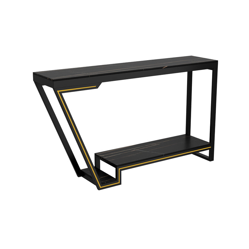 Glam Sintered Stone Bistro Bar Table Rectangle Metal Base Bar Table 63"L x 15.7"W x 41.3"H Black Without Chairs Clearhalo 'Bar Furniture' 'Bar Tables' 'bar_tables' 'furn' 'furn_bar_tables' 'Furniture' 'Kitchen & Dining Furniture' 6689795