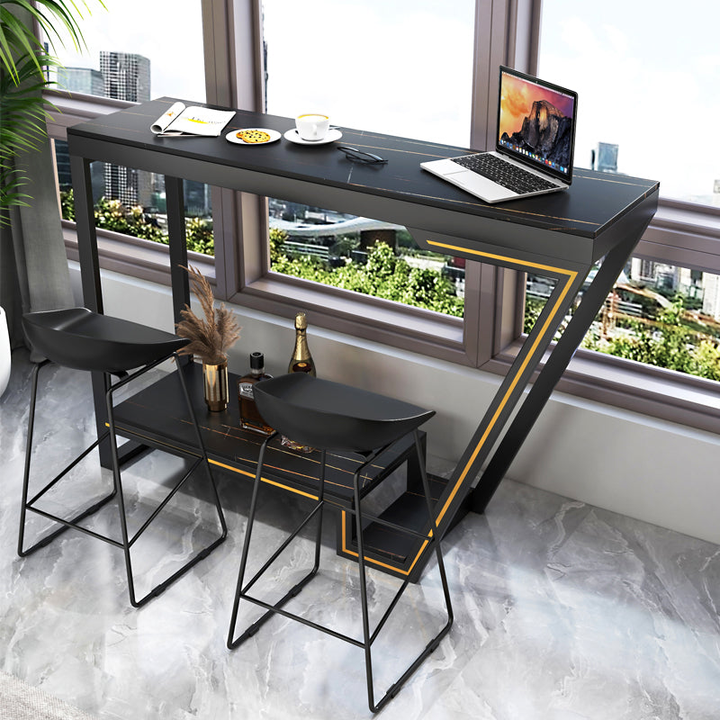 Glam Sintered Stone Bistro Bar Table Rectangle Metal Base Bar Table 55.1"L x 15.7"W x 41.3"H Black Without Chairs Clearhalo 'Bar Furniture' 'Bar Tables' 'bar_tables' 'furn' 'furn_bar_tables' 'Furniture' 'Kitchen & Dining Furniture' 6689796