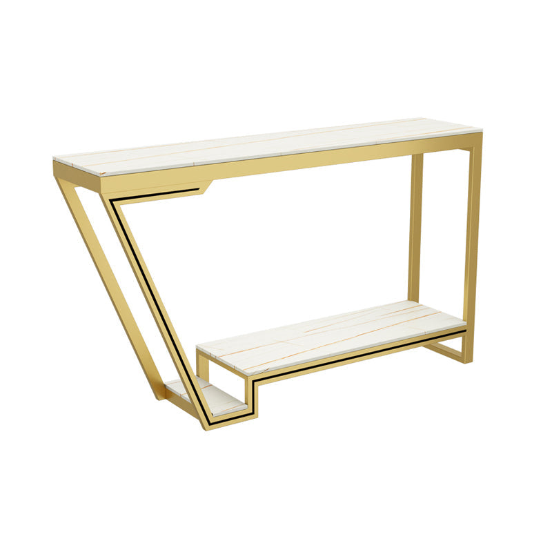 Glam Sintered Stone Bistro Bar Table Rectangle Metal Base Bar Table 63"L x 15.7"W x 41.3"H Gold-White Without Chairs Clearhalo 'Bar Furniture' 'Bar Tables' 'bar_tables' 'furn' 'furn_bar_tables' 'Furniture' 'Kitchen & Dining Furniture' 6689799