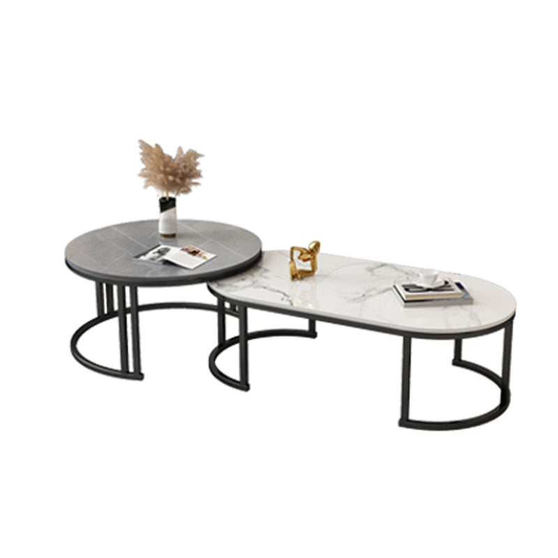 Glam Nesting Coffee Table Set Frame Round Slate Coffee Table with Drawer White-Gray Black Clearhalo 'Coffee & Accent Tables' 'Coffee Tables' 'coffee_tables' 'furn' 'furn_coffee_tables' 'Furniture' 'Living Room Furniture' 6691789