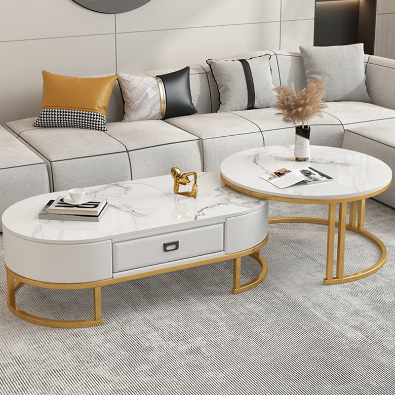 Glam Nesting Coffee Table Set Frame Round Slate Coffee Table with Drawer White Gold Clearhalo 'Coffee & Accent Tables' 'Coffee Tables' 'coffee_tables' 'furn' 'furn_coffee_tables' 'Furniture' 'Living Room Furniture' 6691790