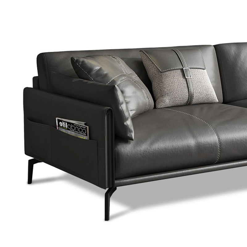 Mid-Century Modern Loose Back Sofa Gray Genuine Leather Aqure Arm Sofa