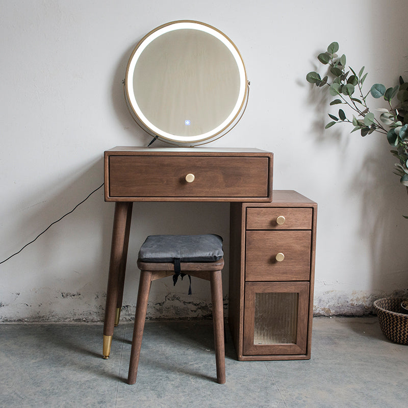 Set di vanità in gomma con cassetti nel tavolo da banco di vanità per trucco in noce