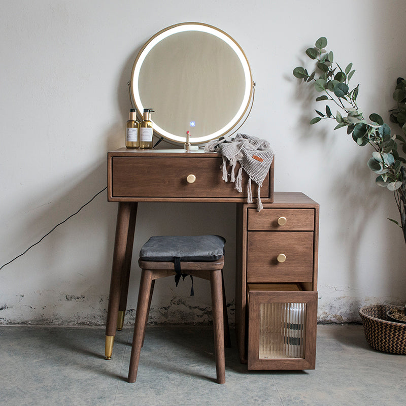 Set di vanità in gomma con cassetti nel tavolo da banco di vanità per trucco in noce