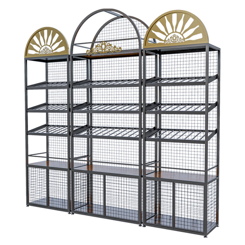 Porta di vino nera contemporanea con bottiglia da pavimento in metallo con scaffali