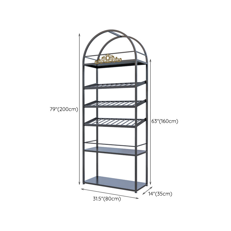 Porta di vino nera contemporanea con bottiglia da pavimento in metallo con scaffali