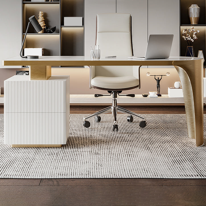 Industrial Stone Office Desk 2 Drawers 29.53" Tall Writing Desk 63"L x 27.6"W x 29.5"H Gold Clearhalo 'furn' 'furn_office_desk' 'Furniture' 'Office Desks' 'Office Furniture' 'office_desk' 6697786