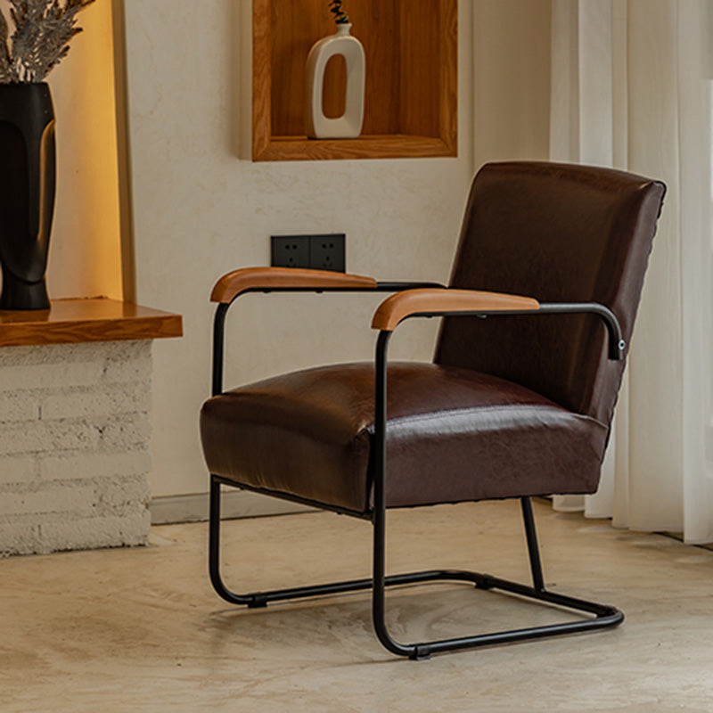 Arms Included Chair with wooden handrail 32.67" Wide Armchair for Living Room Brown Faux Leather 1 Piece Clearhalo 'Accent Chairs' 'accent_chairs' 'Chairs & Seating' 'furn' 'furn_accent_chairs' 'Furniture' 'Living Room Furniture' 6704319