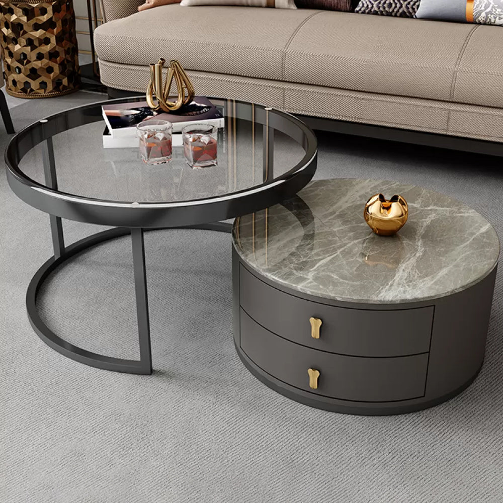 Contemporary Coffee Table Set Round 2-Piece Coffee Cocktail Table Gray Clear Clearhalo 'Coffee & Accent Tables' 'Coffee Tables' 'coffee_tables' 'furn' 'furn_coffee_tables' 'Furniture' 'Living Room Furniture' 6704793