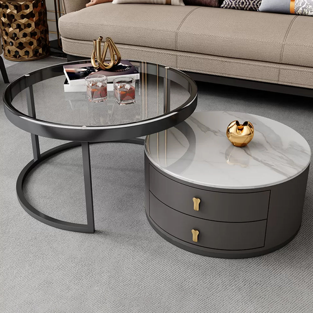 Contemporary Coffee Table Set Round 2-Piece Coffee Cocktail Table White Clear Clearhalo 'Coffee & Accent Tables' 'Coffee Tables' 'coffee_tables' 'furn' 'furn_coffee_tables' 'Furniture' 'Living Room Furniture' 6704795