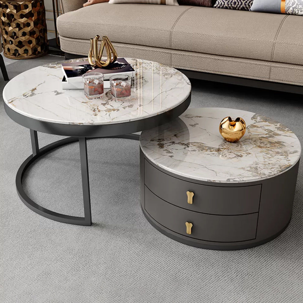 Contemporary Coffee Table Set Round 2-Piece Coffee Cocktail Table Pandora Brown Clearhalo 'Coffee & Accent Tables' 'Coffee Tables' 'coffee_tables' 'furn' 'furn_coffee_tables' 'Furniture' 'Living Room Furniture' 6704797