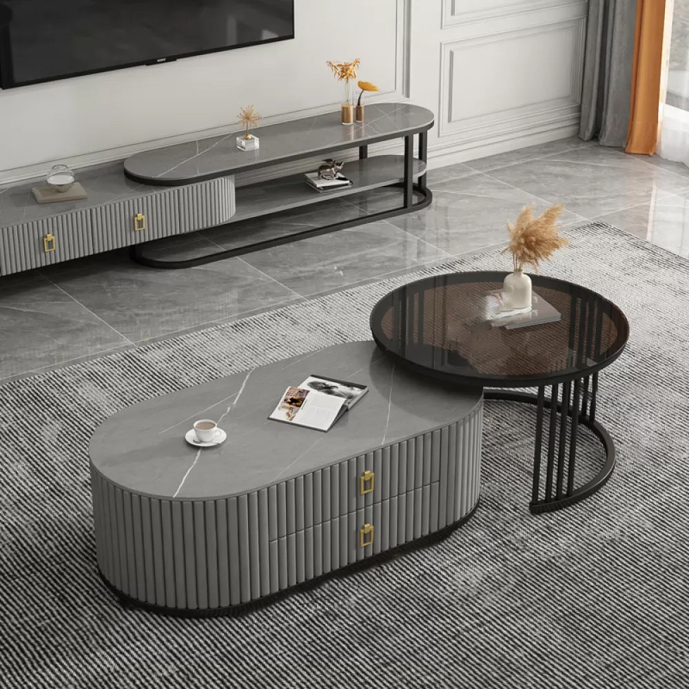 Round Coffee Table Slate Frame Nesting Coffee Table Set with 2 Drawers Grey Black Clearhalo 'Coffee & Accent Tables' 'Coffee Tables' 'coffee_tables' 'furn' 'furn_coffee_tables' 'Furniture' 'Living Room Furniture' 6704805