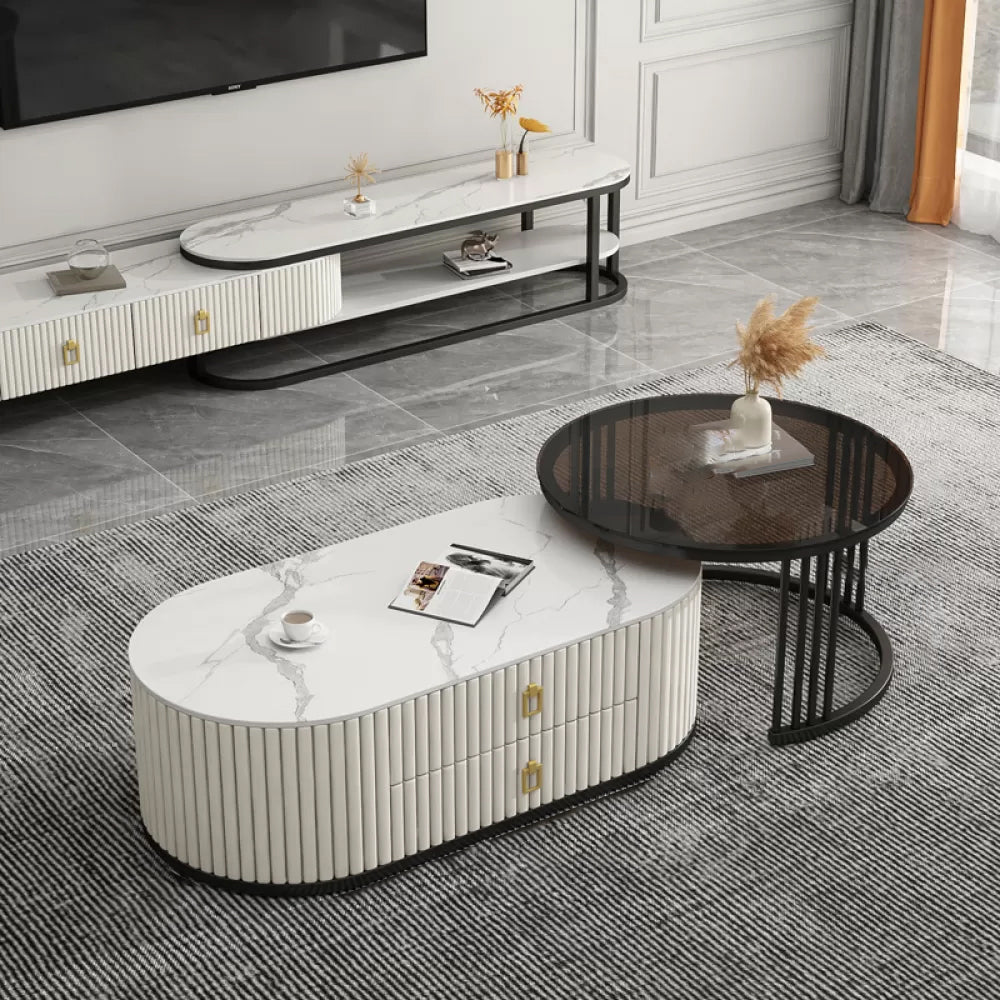 Round Coffee Table Slate Frame Nesting Coffee Table Set with 2 Drawers White Black Clearhalo 'Coffee & Accent Tables' 'Coffee Tables' 'coffee_tables' 'furn' 'furn_coffee_tables' 'Furniture' 'Living Room Furniture' 6704806