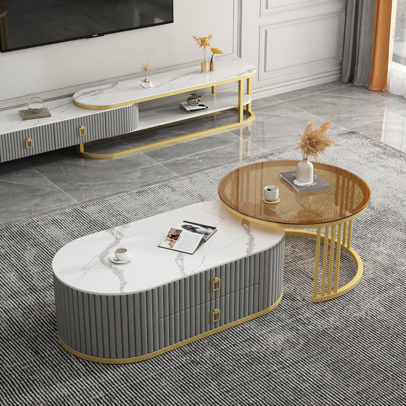 Round Coffee Table Slate Frame Nesting Coffee Table Set with 2 Drawers Clearhalo 'Coffee & Accent Tables' 'Coffee Tables' 'coffee_tables' 'furn' 'furn_coffee_tables' 'Furniture' 'Living Room Furniture' 6704807