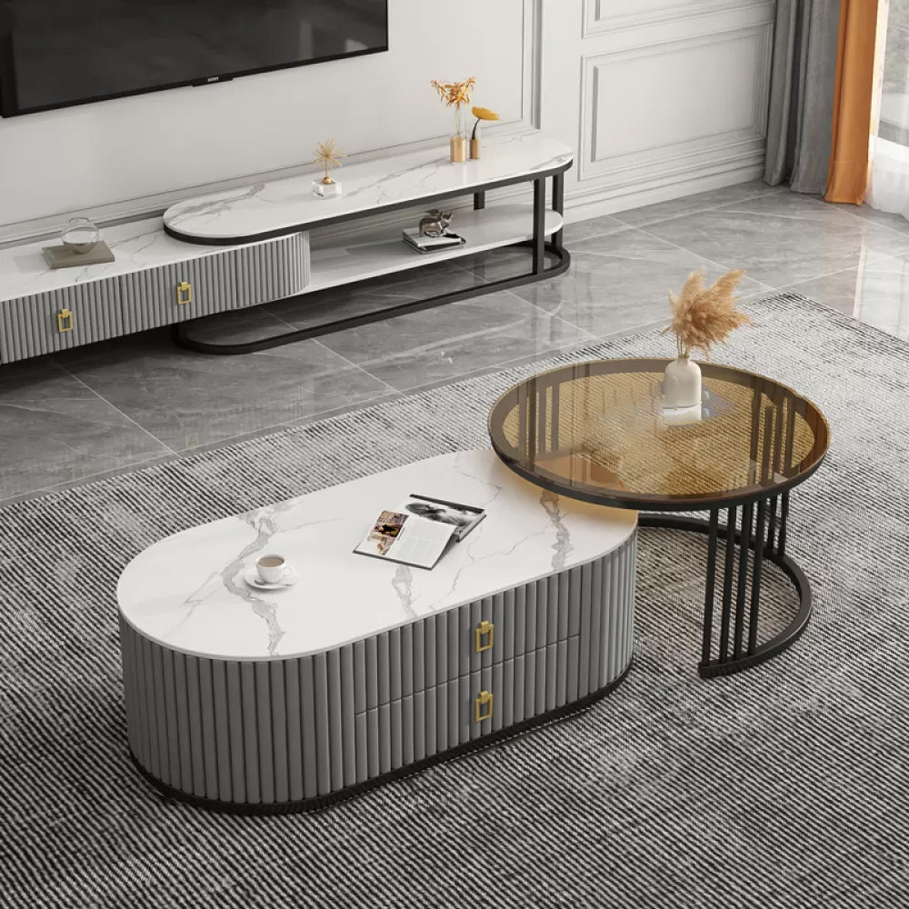 Round Coffee Table Slate Frame Nesting Coffee Table Set with 2 Drawers Ivory Black Clearhalo 'Coffee & Accent Tables' 'Coffee Tables' 'coffee_tables' 'furn' 'furn_coffee_tables' 'Furniture' 'Living Room Furniture' 6704808